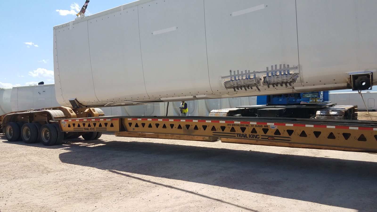 Wind turbine tower section loaded on a Trail King trailer